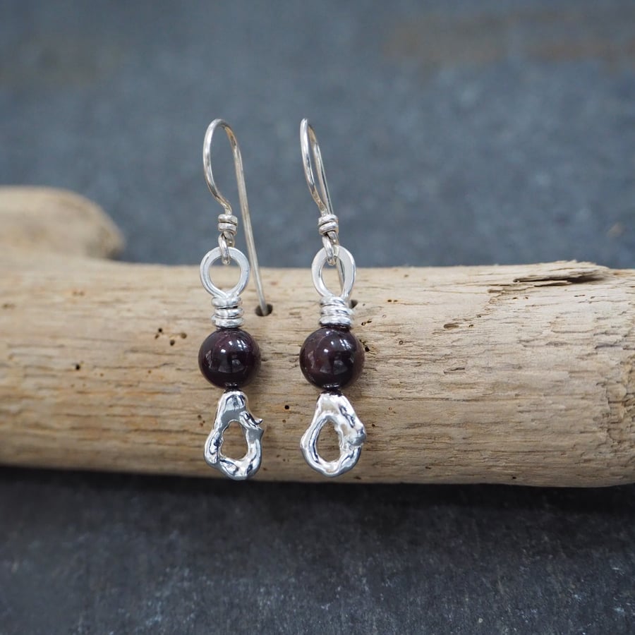 Garnet and molten silver drop earrings, silver dangle earrings, arc jewellery