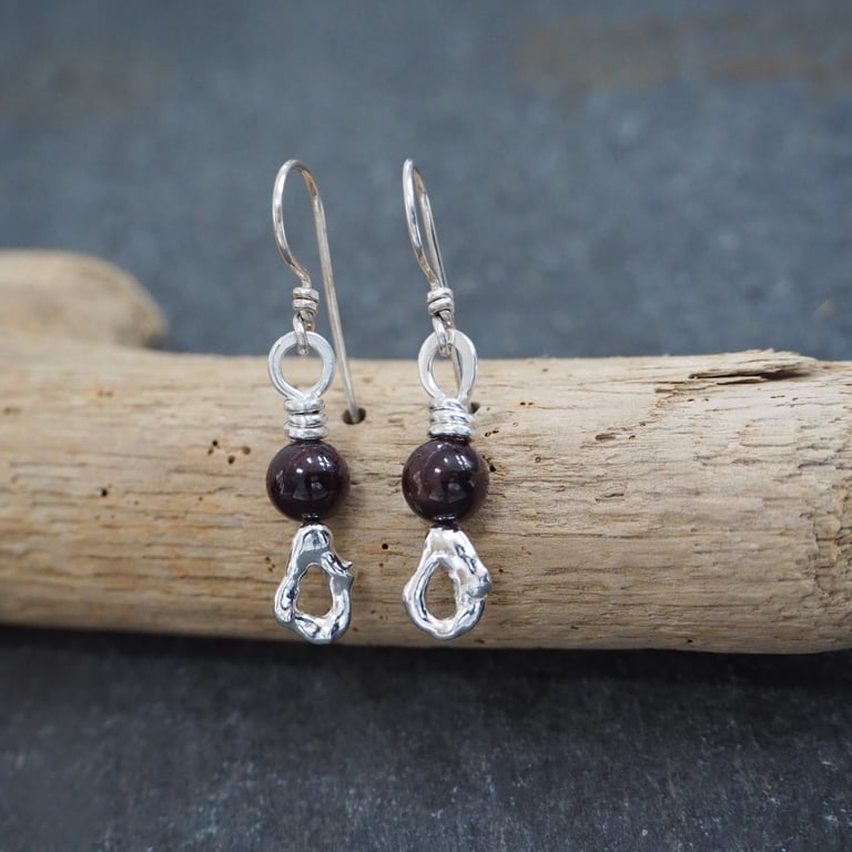 Garnet and molten silver drop earrings, silver dangle earrings, arc jewellery