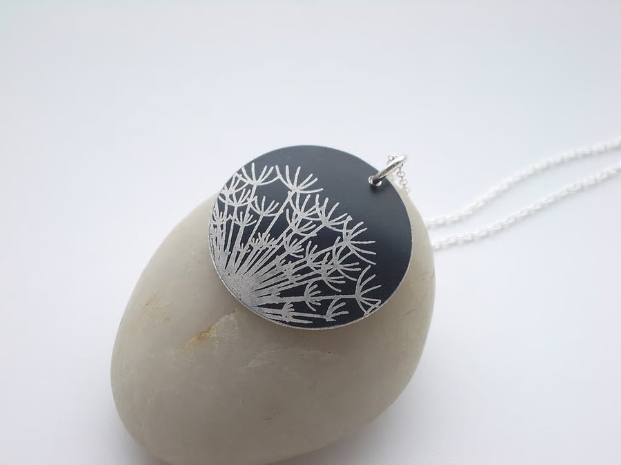 Black dandelion seed disc pendant necklace 