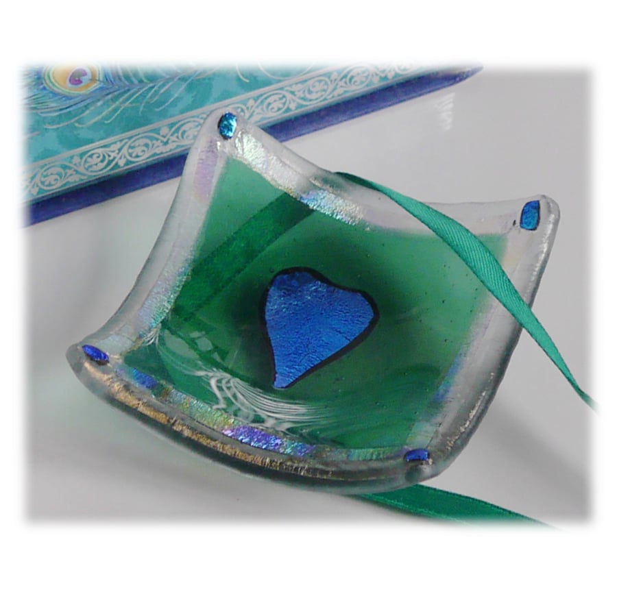 Earring Ring Dish Fused Glass 6.5cm Green Dichroic Heart 017