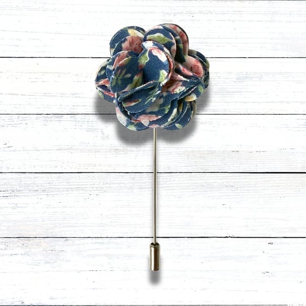 Flower Lapel Pin – Blue and Pink floral Fabric, Perfect for Weddings