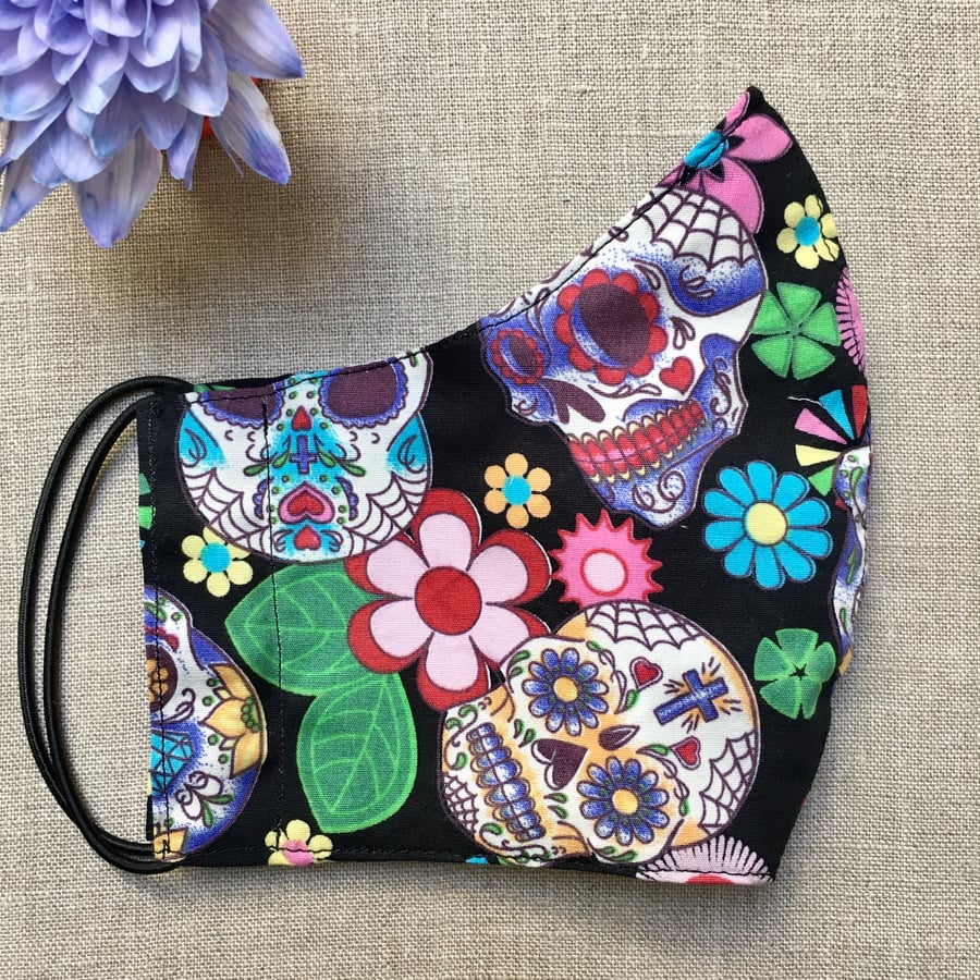 SALE Skulls Flowers Halloween Cotton Fabric Face Mask Adult Child Reusable