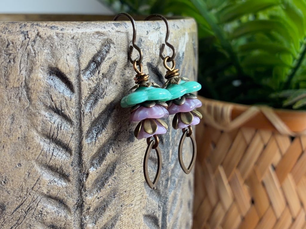 Handmade Turquoise and Lavender Czech Glass Flower Earrings with Brass Earwires