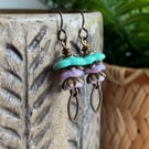 Handmade Turquoise and Lavender Czech Glass Flower Earrings with Brass Earwires