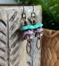 Handmade Turquoise and Lavender Czech Glass Flower Earrings with Brass Earwires
