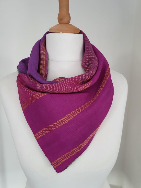 Sari silk and tweed neckwarmer, button wrap scarf. Double sided, reversible. Pur