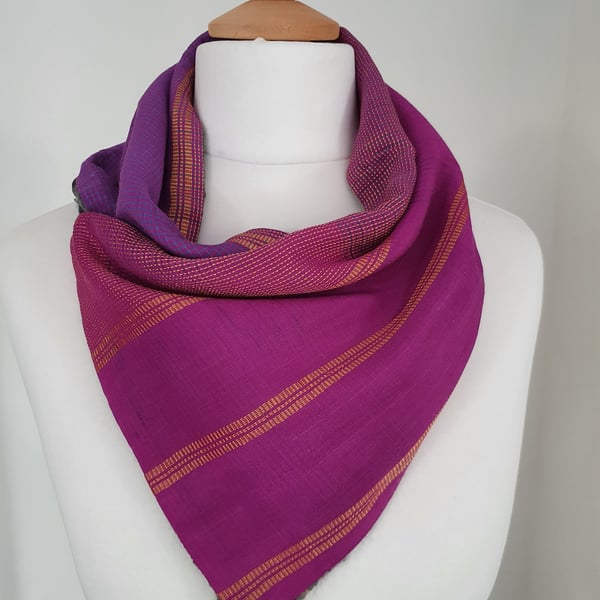 Sari silk and tweed neckwarmer, button wrap scarf. Double sided, reversible. Pur