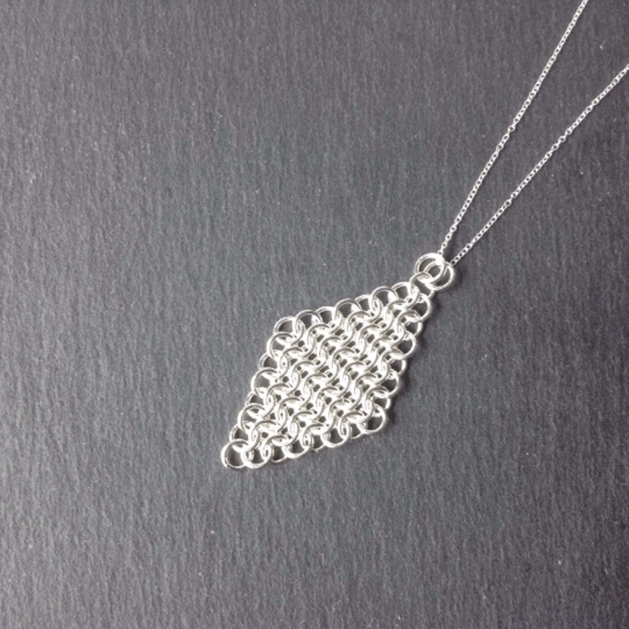 Silver Chainmaille Pendant, Geometric Pendant, Silver Chainmaille Necklace