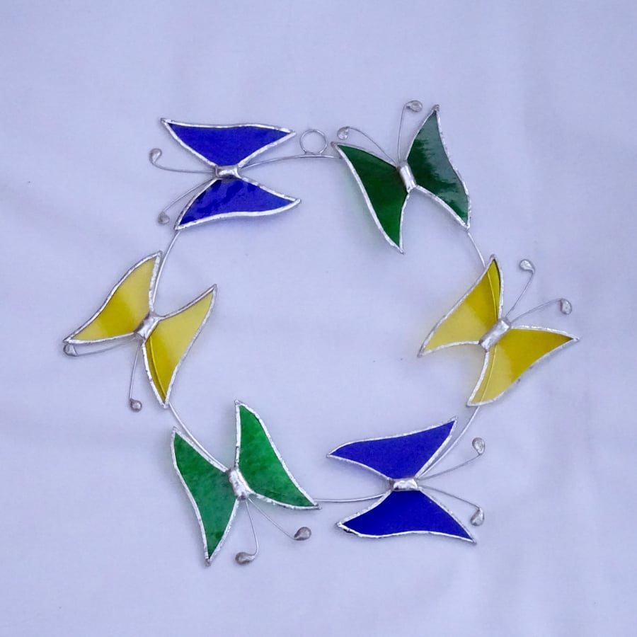 Small Butterfly Circle  Suncatcher - Blue, Green and Yellow