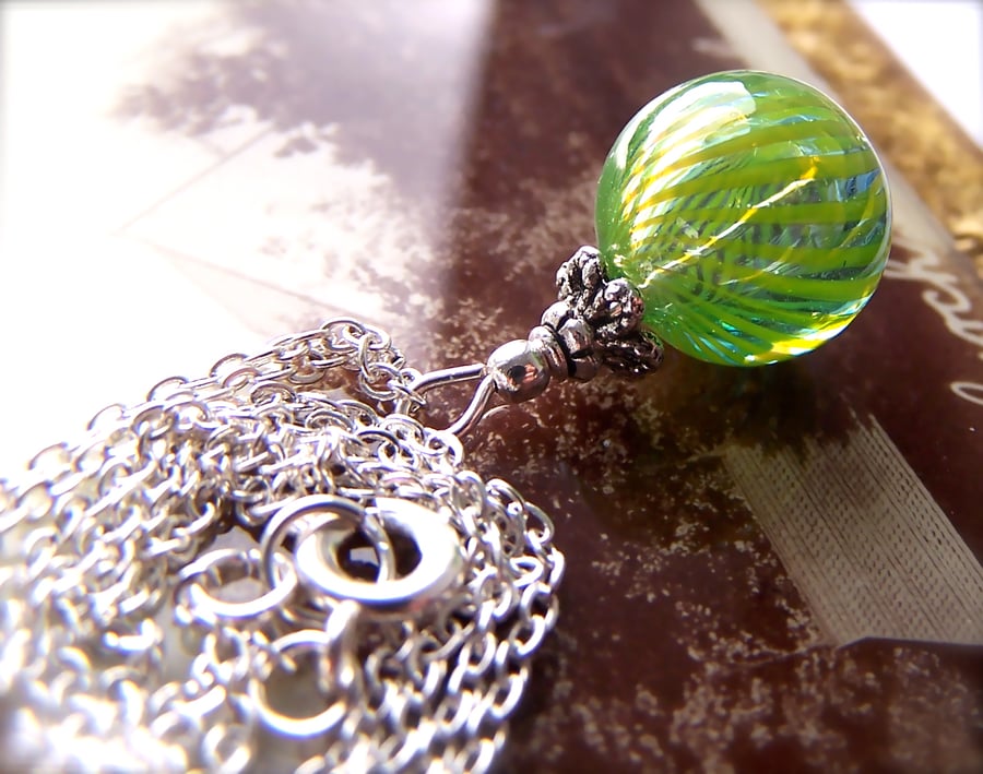 Green Pendant, Beaded, Blown Glass Bead, Delicate, Pretty Spring Necklace