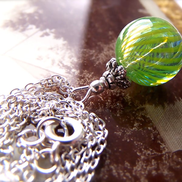 Green Pendant, Beaded, Blown Glass Bead, Delicate, Pretty Spring Necklace