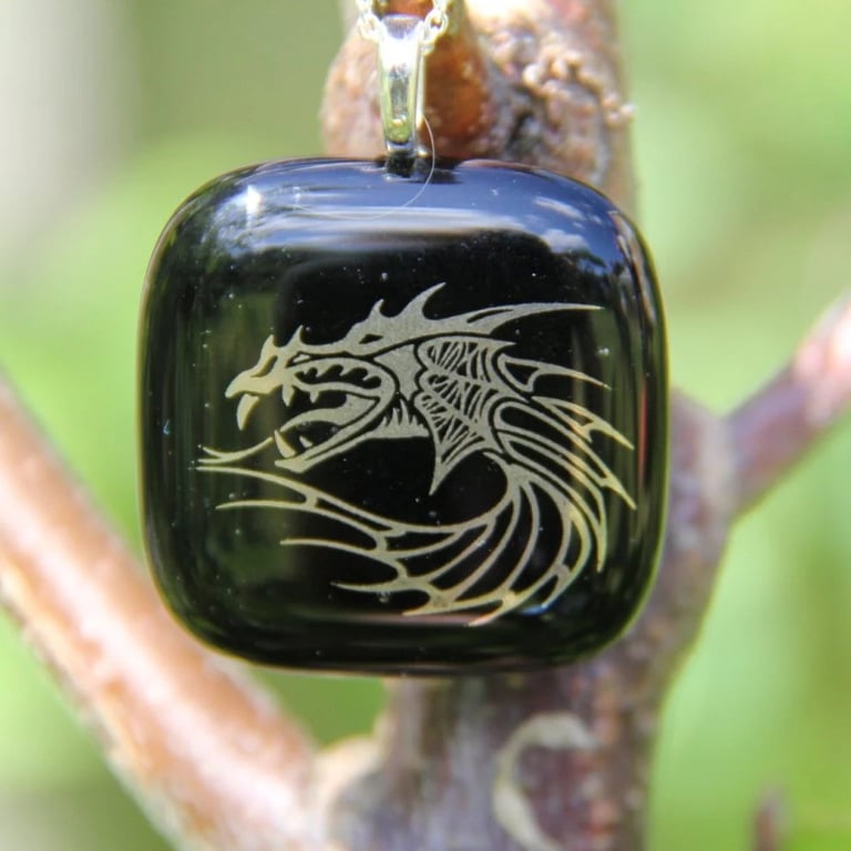 Silver dragon head decal glass pendant, dragon fused glass necklace F31