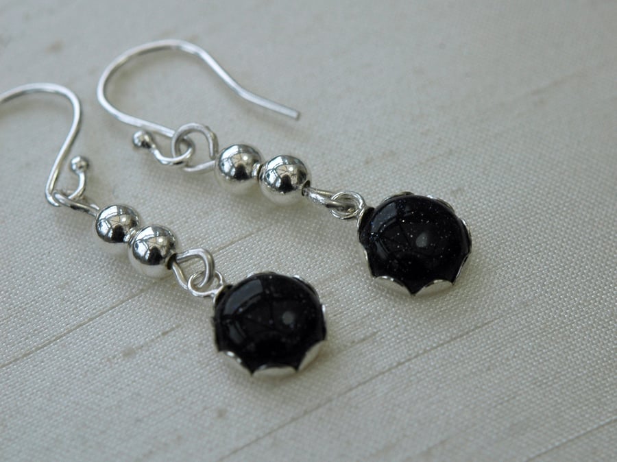 Sterling Silver drop Earrings with Blue Goldstone  Cabochons, E108
