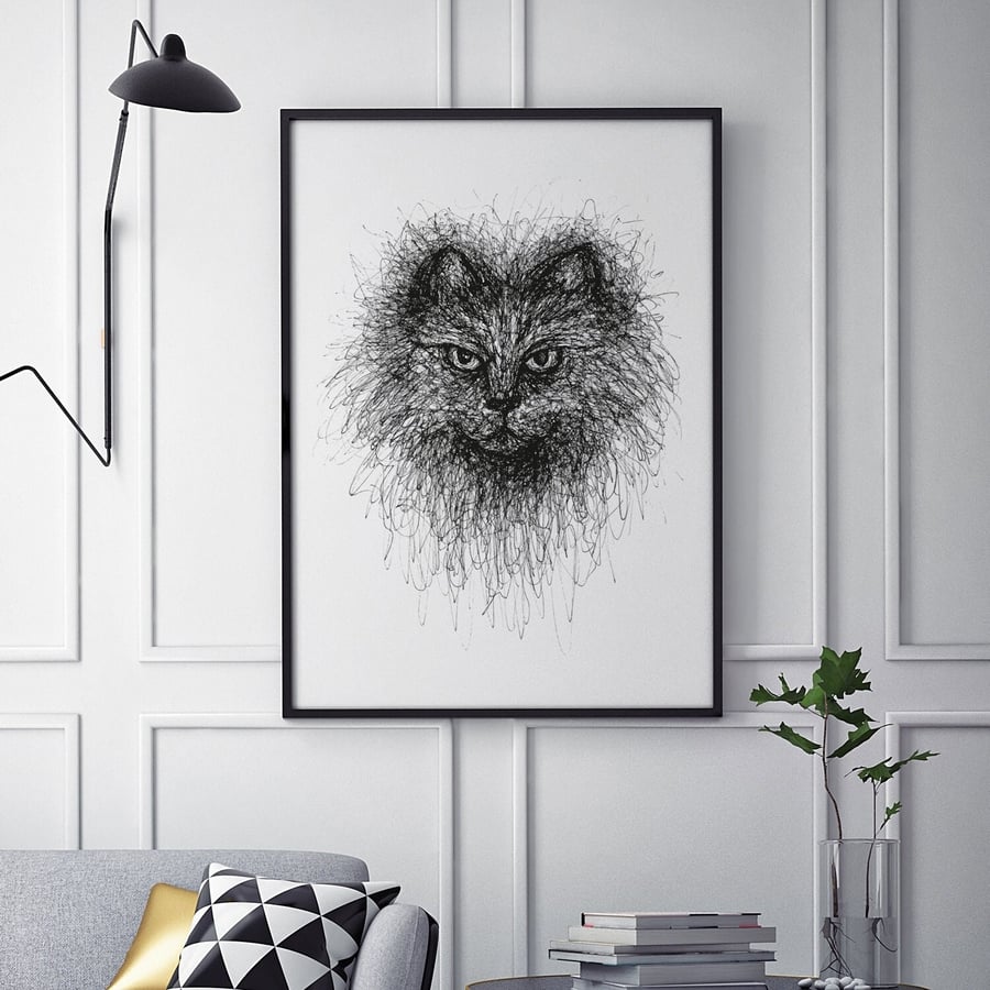 Scribble Cat Wall Art Print, Black And White Animal Print, Cat Print