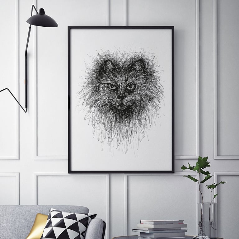 Scribble Cat Wall Art Print, Black And White Animal Print, Cat Print