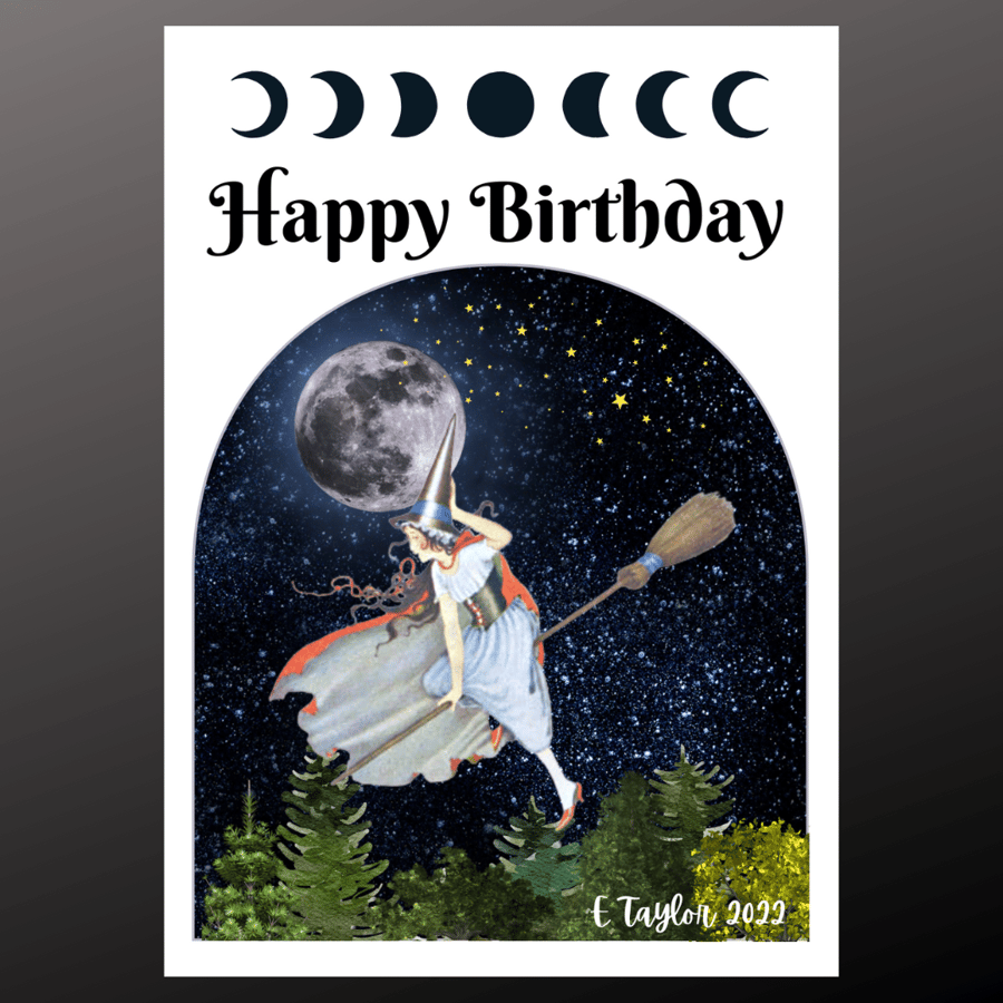 Happy Birthday Card Witch Flying Personalised Seeded Wiccan Pagan Gothic