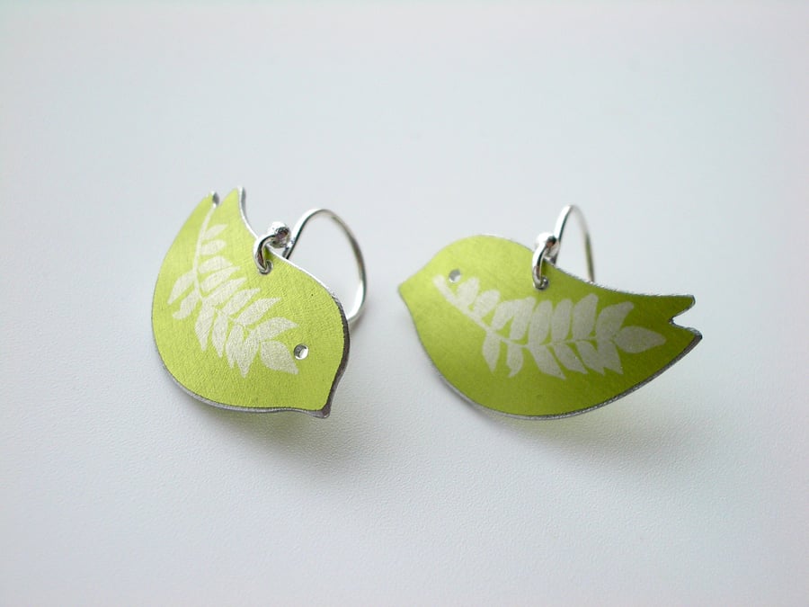 Bird earrings in green with fern leaf prints