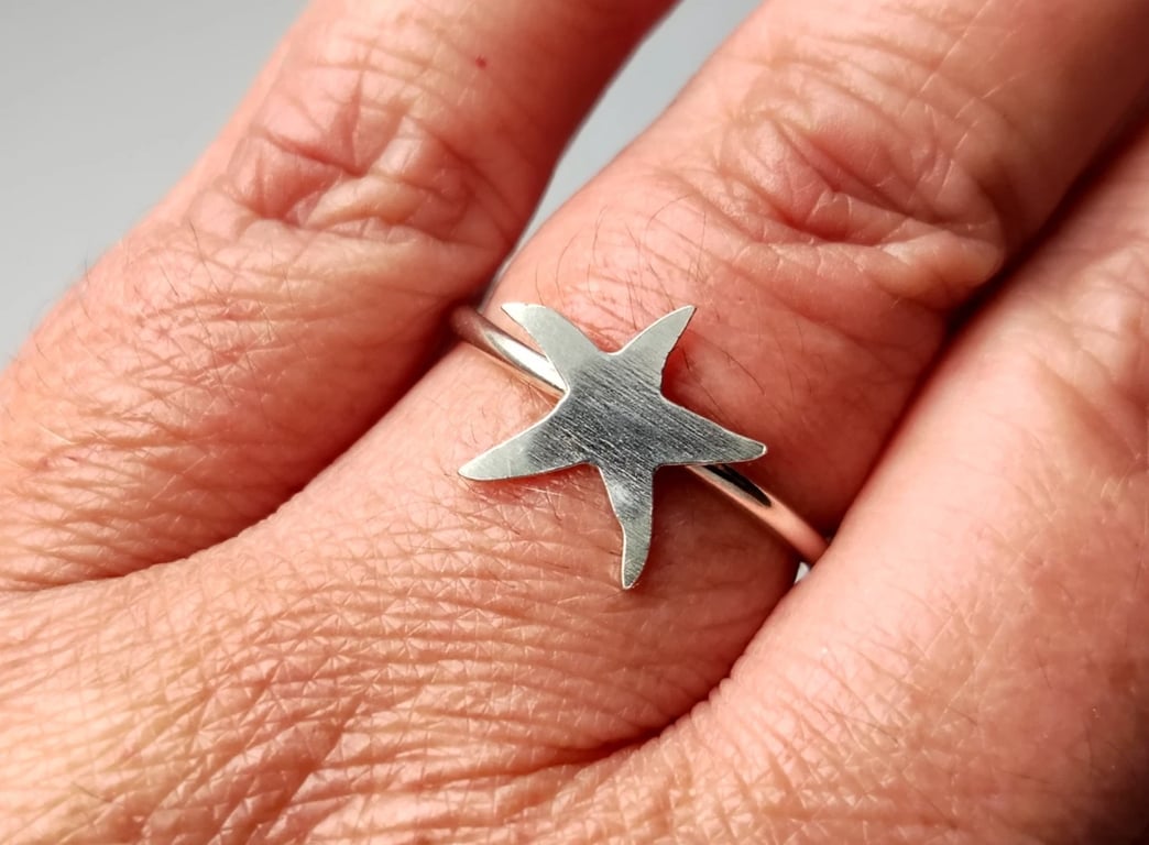 Starfish Signet Ring Adjustable Sterling Silver Jewellery Gift Brushed Finish