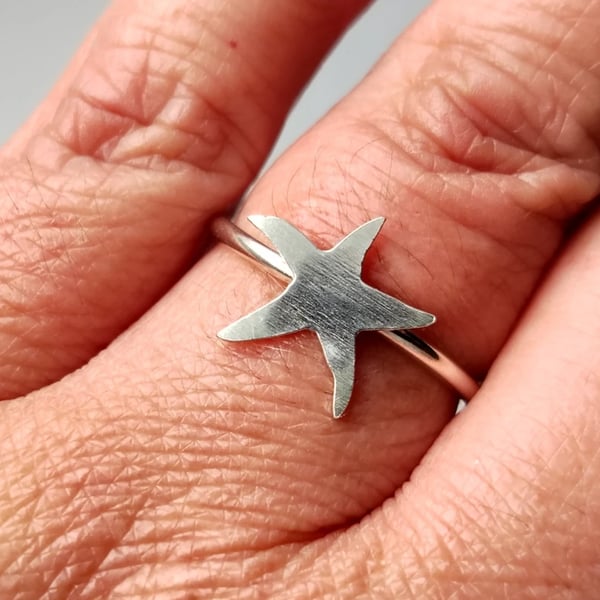 Starfish Signet Ring Adjustable Sterling Silver Jewellery Gift Brushed Finish