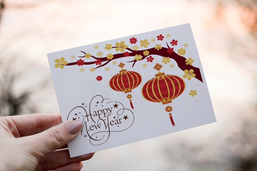 Chinese New Year Lantern Card, Happy New Year Card, Personalized New Year Card