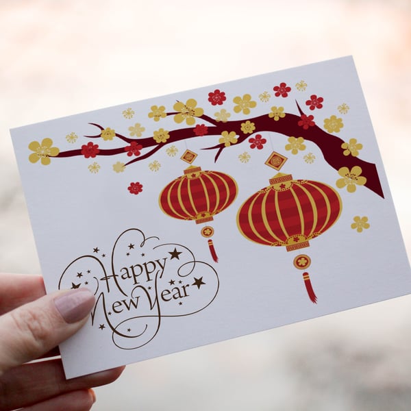 Chinese New Year Lantern Card, Happy New Year Card, Personalized New Year Card