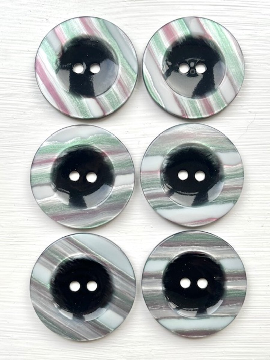 6 MOP-Effect Buttons, Shimmery, Dish, 30mm Wide, Chunky Rim, Polyester