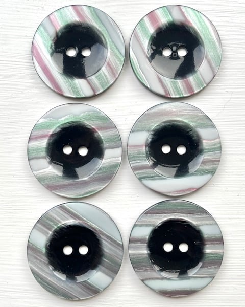 6 MOP-Effect Buttons, Shimmery, Dish, 30mm Wide, Chunky Rim, Polyester