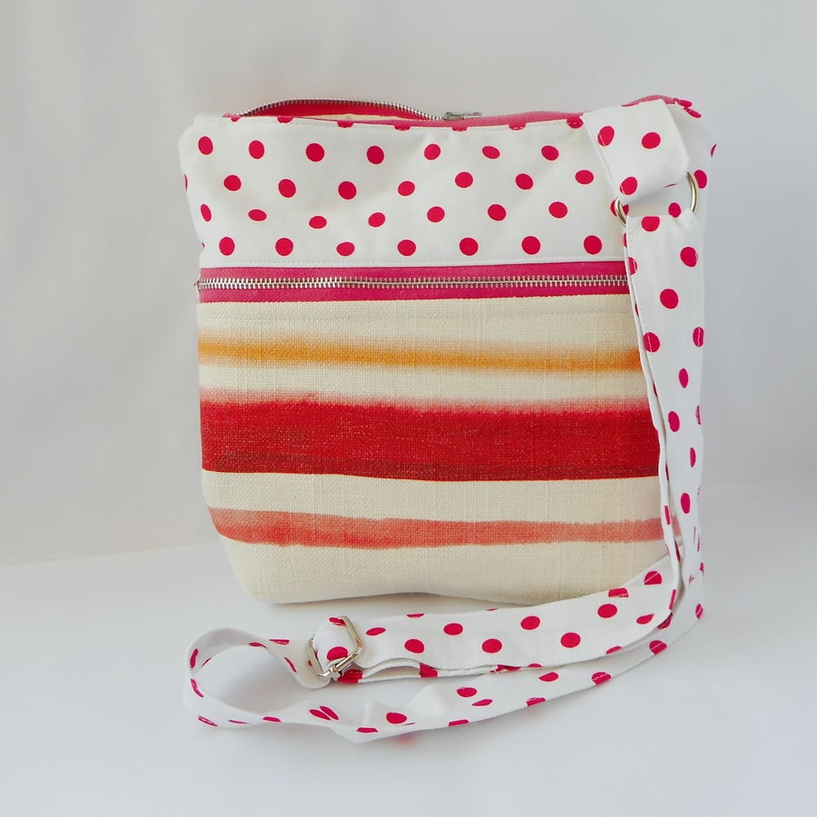 Mixed fabric crossbody bag in polka dots and stripes