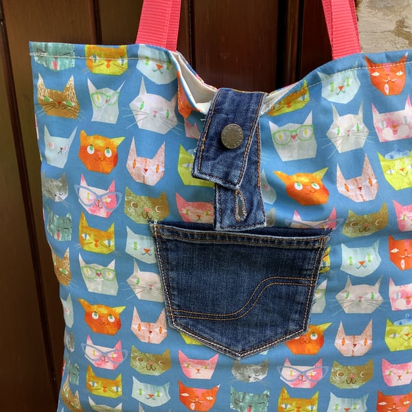 Cat cotton print tote bag.  Quirky felines with glasses and hats. Recycled denim