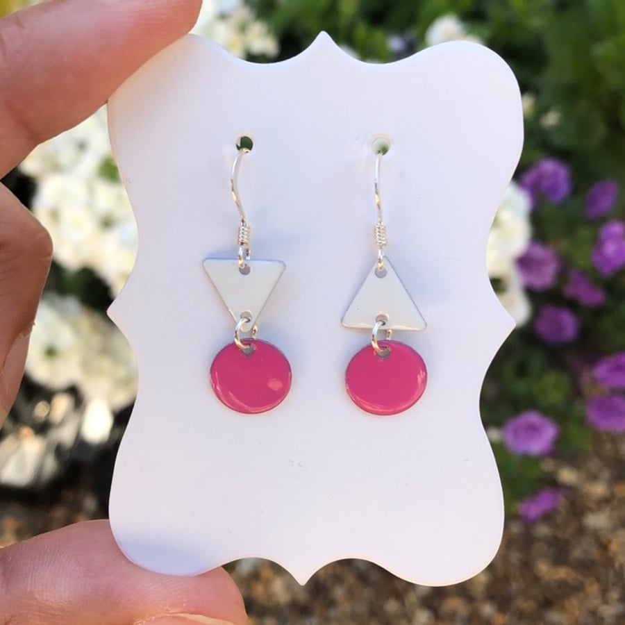 Topsy-turvy Hand enamel earrings. Pink and white enamel earrings. 