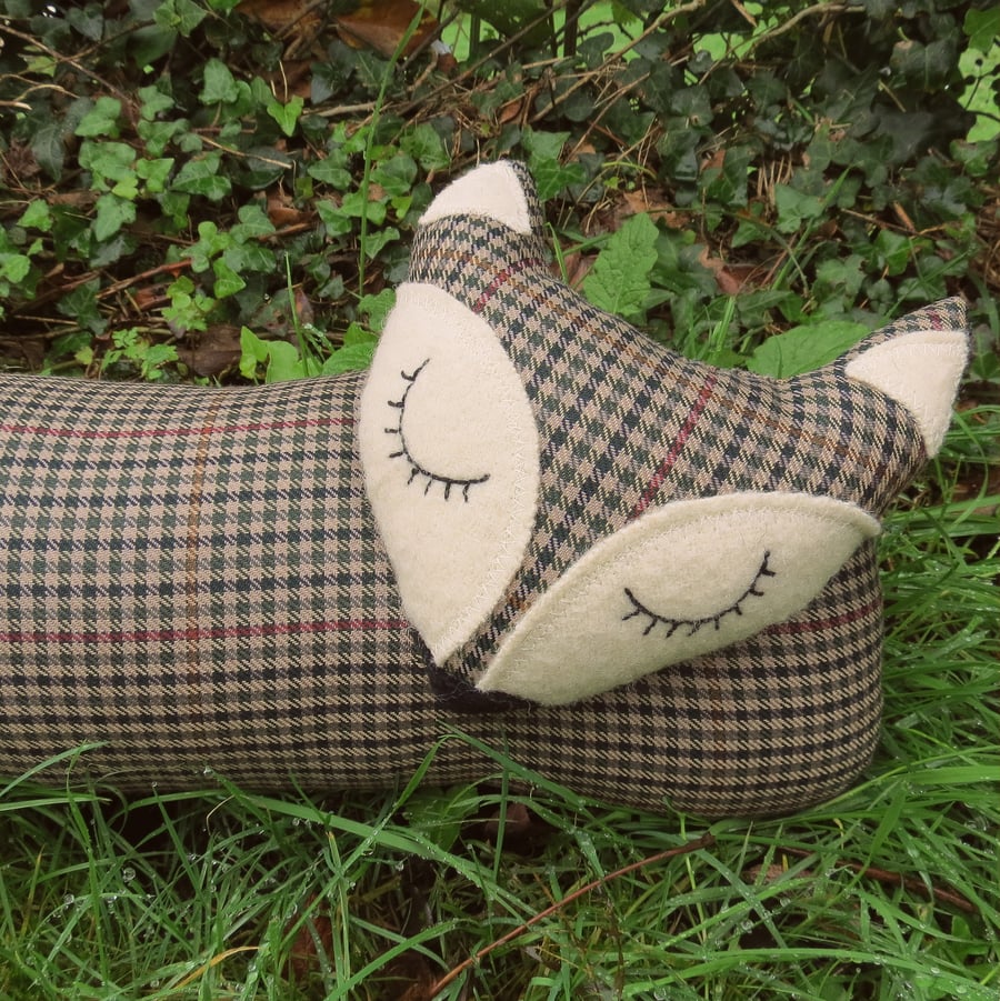 Fox draught excluder.  Fine check wool.  Winter decor.  102cm in length.