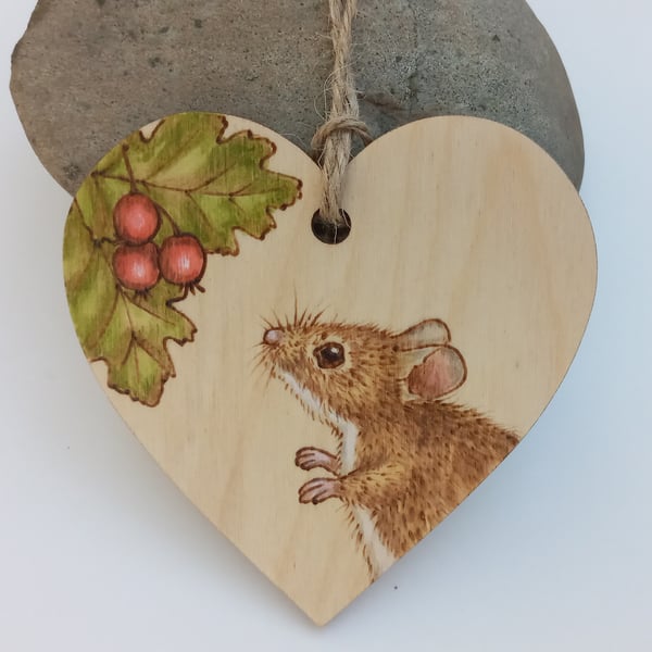 Wood mouse with hawthorn pyrography hanging heart ornament 