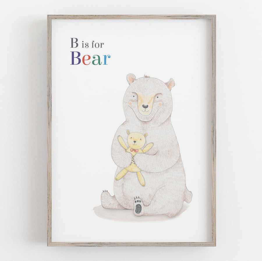 Bear children’s wall art: Hand illustrated woodland nursery print