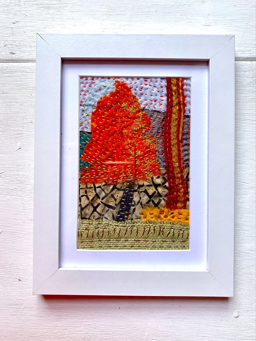 Autumnal tree, hand embroidered collage picture 
