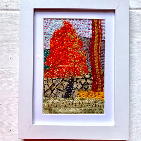 Autumnal tree, hand embroidered collage picture 