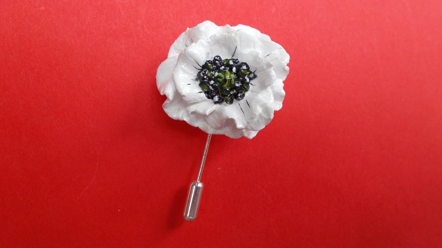 WHITE PEACE POPPY PIN Remembrance Peace Lapel Flower Pin HANDMADE HAND PAINTED