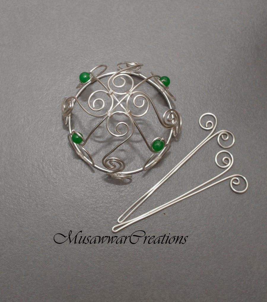 Green Quartz Hair Bun Cage, Handmade Wire Hair Accessory, Silver Wire Hair Bun