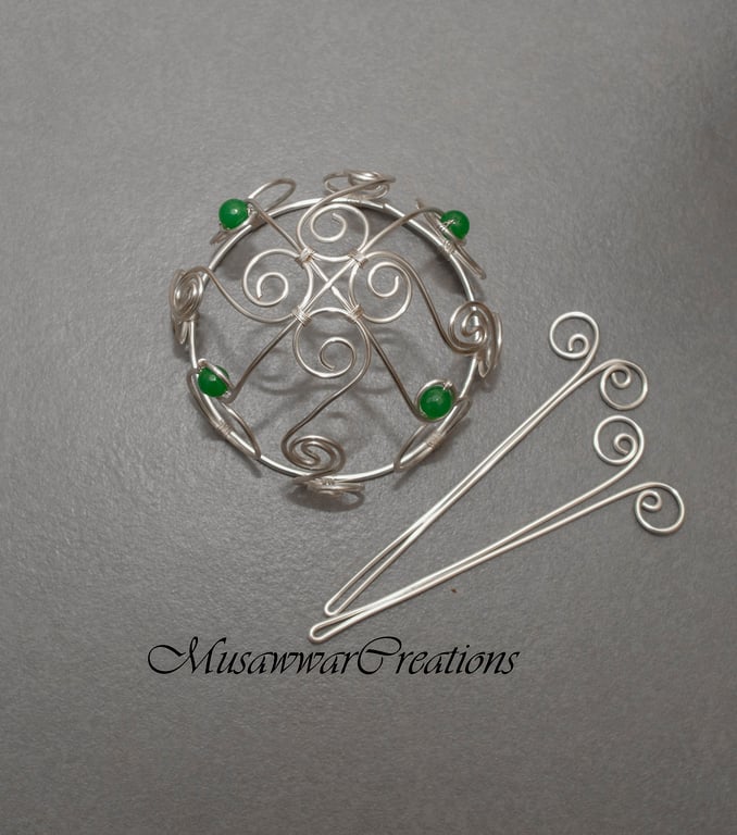 Green Quartz Hair Bun Cage, Handmade Wire Hair Accessory, Silver Wire Hair Bun