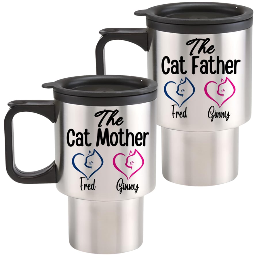 Personalised Cat Owner COUPLES Travel Mugs Set of 2 CAT Father & CAT Mother