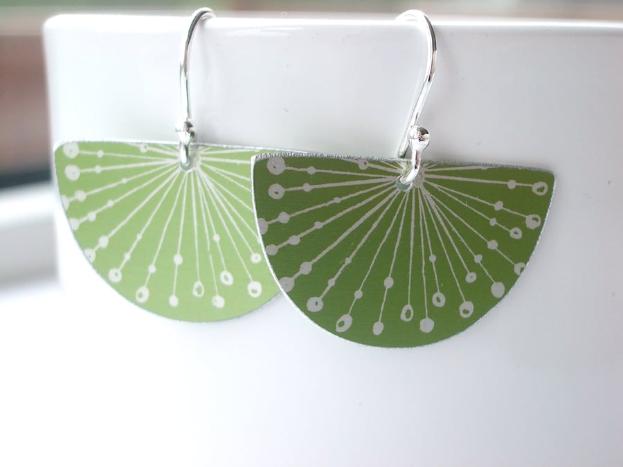 Green fan earrings with allium seed head print