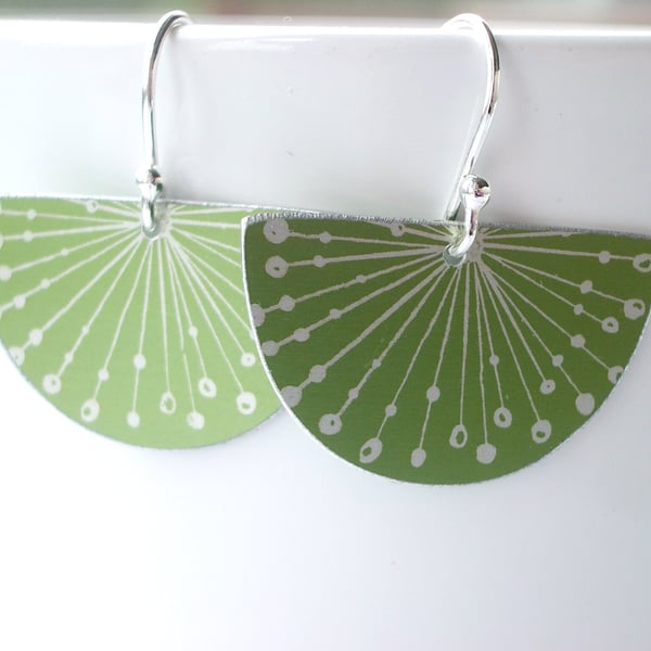 Green fan earrings with allium seed head print