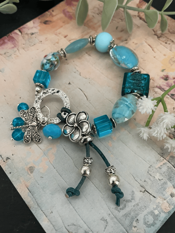 Bracelet, Gorgeous blue glass beaded unique artisan bracelet, charm bracelet 