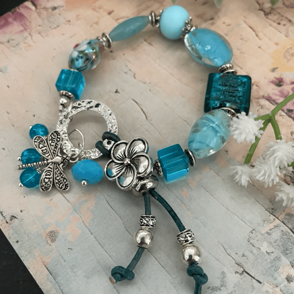 Bracelet, Gorgeous blue glass beaded unique artisan bracelet, charm bracelet 