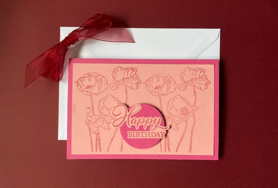 Hand-Printed Floral Birthday Card – Pink Blooms 