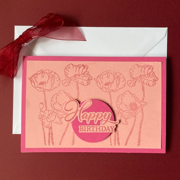 Hand-Printed Floral Birthday Card – Pink Blooms 