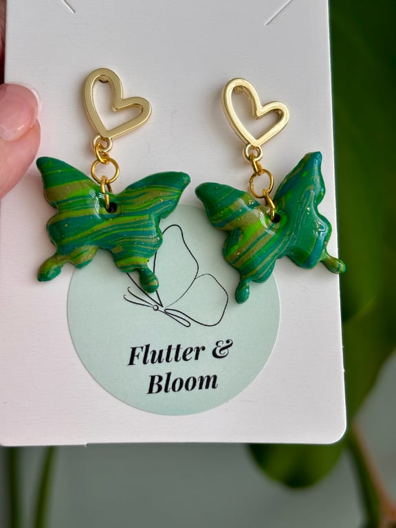 Green & Gold Marbled Butterfly Dangling Earrings 