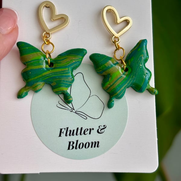 Green & Gold Marbled Butterfly Dangling Earrings 