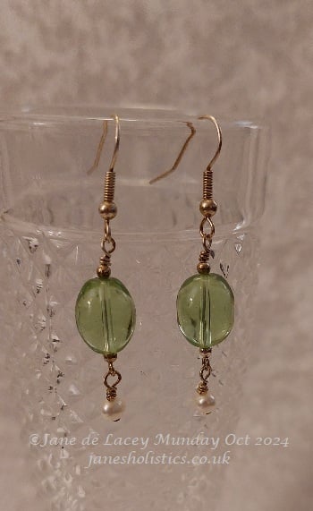 Dangly Green and pearl Drop Earrings