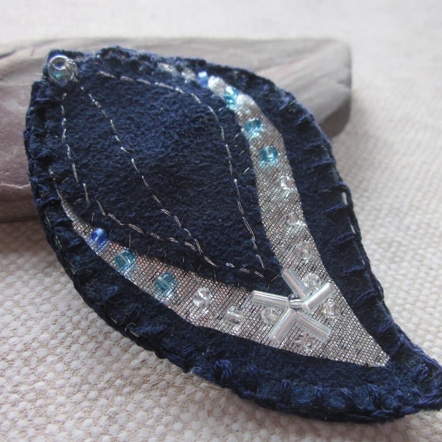 Navy Blue Silver Beaded Fabric Leaf Brooch