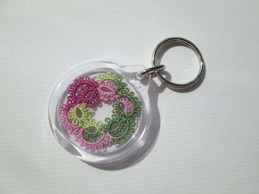 Green and pink Tatted key-ring 